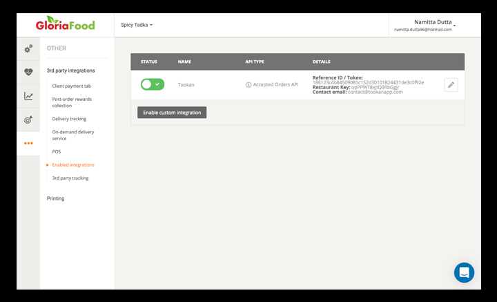 Test API integration GloriaFood